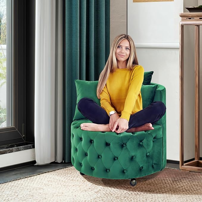 LLS Swivel Barrel Chair Velvet Accent Barrel Chair with 3 Pillows and 4 Wheels 360 Degree Sofa Chair Modern Button Tufted Upholstered Accent Chair for Living Room Bedroom Green