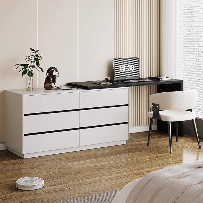 59 Adjustable L-Shaped Vanity Desk with 6 Storage Drawers Extendable Makeup Table for Bedroom Modern Dressing Table for Bedroom Apartment or Home Black and White