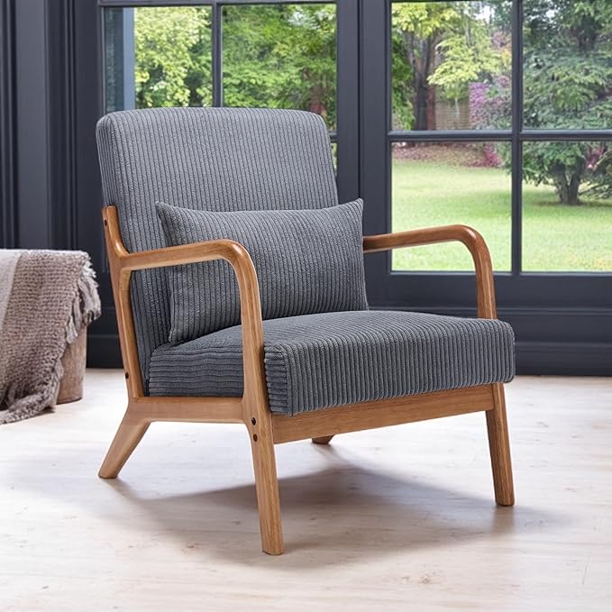 Mid-Century Modern Accent Chair Arm Chair Living Room Chairs with Pillow Upholstered Reading Chair with Solid Wood Frame &amp Corduroy Fabrics for Living Room Bedroom Balcony (Corduroy Dark Grey)