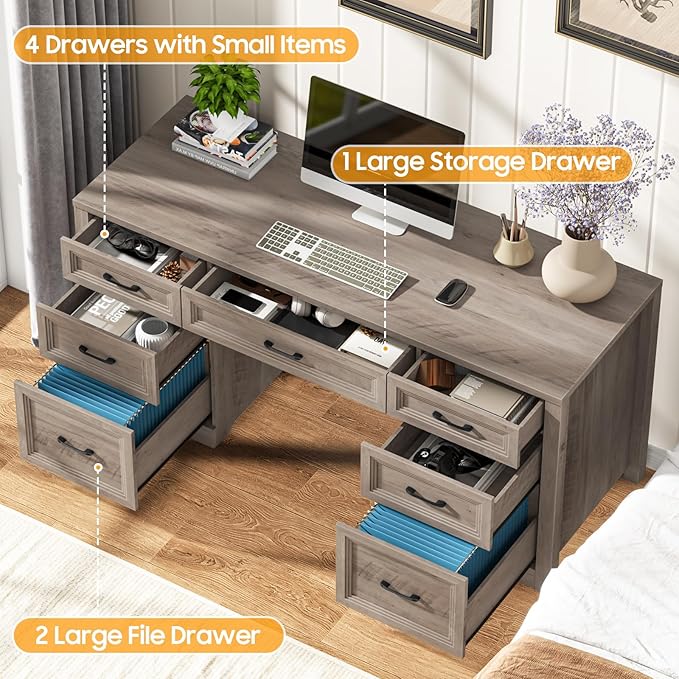 Vabches Farmhouse Executive Desk with File Drawer Home Office Desk with Ample Storage Rustic Office Desk with Spacious Tabletop for Work Grey