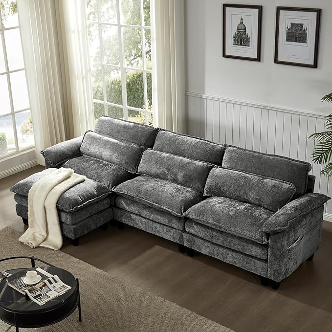 113'' Modular Sectional SofaL Shaped Couch with Movable Ottoman Comfy Cloud Sofa with Deep Seat 3 Seat Convertible Sectional Couches for Living Room with USB Charging &amp Side Pockets(Grey)