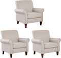 Prilinex Upholstered Living Room Chair Set of 3 - Large Comfy Fabric Accent Chair Single Sofa with Cushion Rolled Armrest &amp Nailhead Trim Mid Century Farmhouse Armchair for Bedroom Office Beig