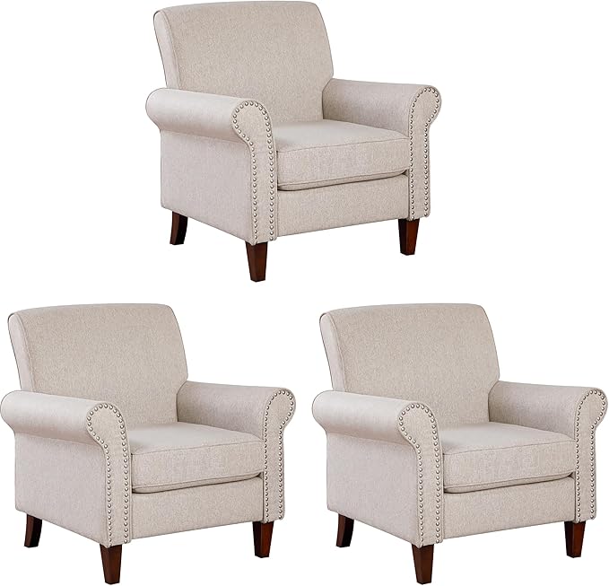 Prilinex Upholstered Living Room Chair Set of 3 - Large Comfy Fabric Accent Chair Single Sofa with Cushion Rolled Armrest &amp Nailhead Trim Mid Century Farmhouse Armchair for Bedroom Office Beig