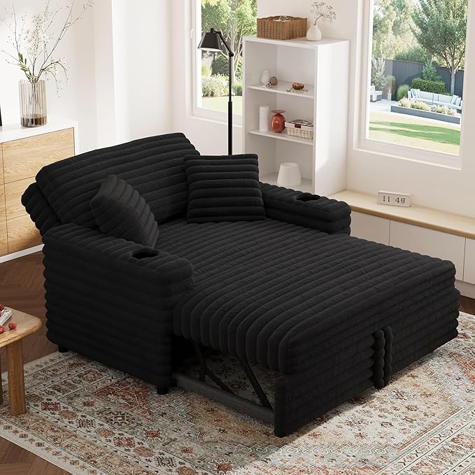 Plush Sofa 52” 3-in-1 Convertible Pull-Out Sofa Bed Sleeper Loveseat with Built-in Cup Holders Reclining Backrest Pet-Friendly for Small Space - Black