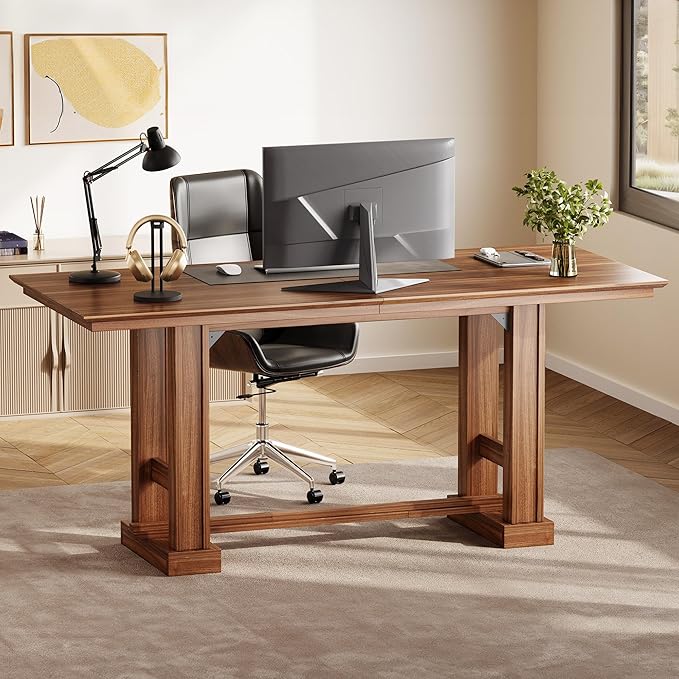 DWVO 70 Inch Computer Desk Large Executive Office Table Workstation Modern Farmhouse Style Laptop Wooden Sturdy Legs Writing Desk Business Furniture for Home Dark Walnut