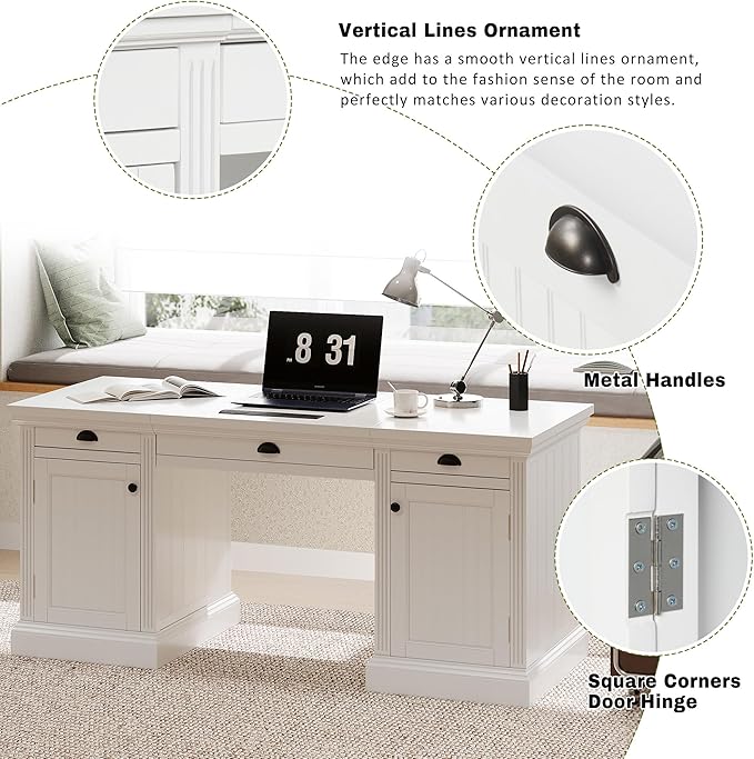 67 Modern White Executive Desk Computer Desk with 2 Wooden Doors Storage Cabinet &amp 3 Drawers Rectangle Home Office Desk with USB Ports Writing Table &amp Workstation for Study (White)