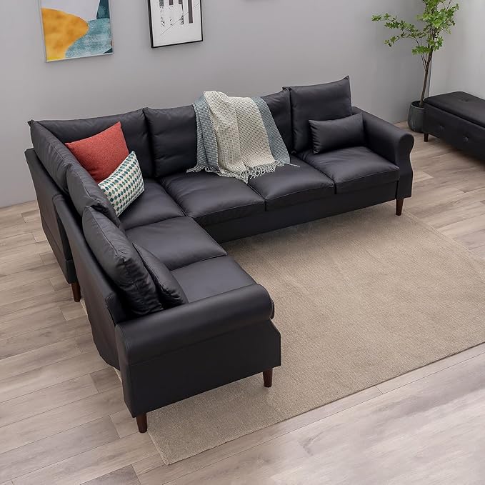 Panana 6 Seater L Shape Corner Upholstered Sofa Couch Artificial Leather L Shaped Corner Sectional Loveseat Ottoman Modern Living Room Sofa (Black Faux Leather 6 Seater L Shape Corner Sofa)