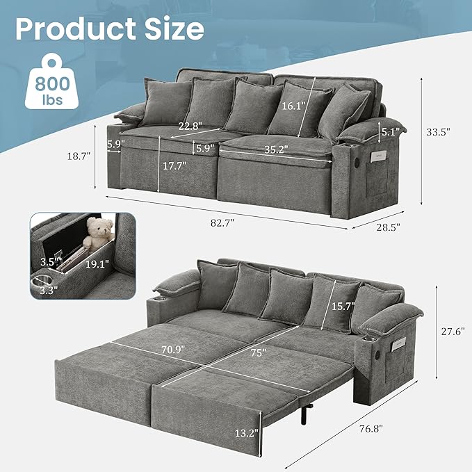 82.7’’ King Size Light Grey Pull Out Sofa Bed 3 in 1 Convertible Sleeper Sofa Bed with Futon Sofa  Chenille Loveseat Couch Bed with USB and Storage Pockets for Living RoomBedroom Pet-Friendly | Pu