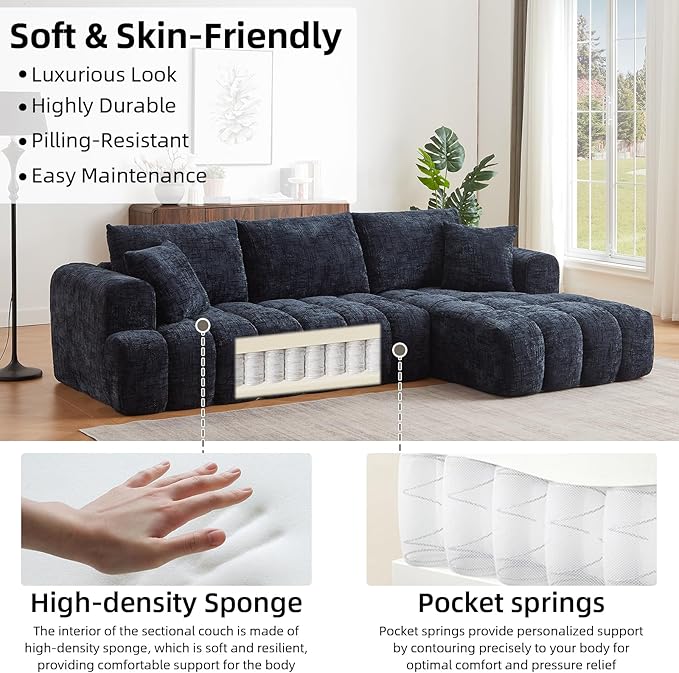 110 Inch Cloud Sectional CouchModern Upholstered Sofa with Deep SeatChenille Boneless Couches with L-Shape ChaiseSponge Compressed Couches for Living Room (Dark Blue Right Facing Chaise)
