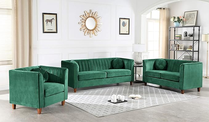 Arvilla Velvet Chair with Bolster Pillows Soft Upholstery Mid Century Modern Design Chesterfield-Inspired Accent Armchair for Living Rooms Pine Green