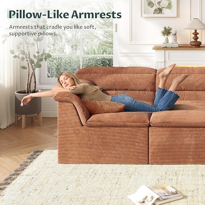 112 Modular Cloud Sectional Couch with Ottoman Modern Upholstered Compressed Sofa with Deep Seat Comfy L-Shape Corduroy Couches for Living Room No Assembly Required Toffee