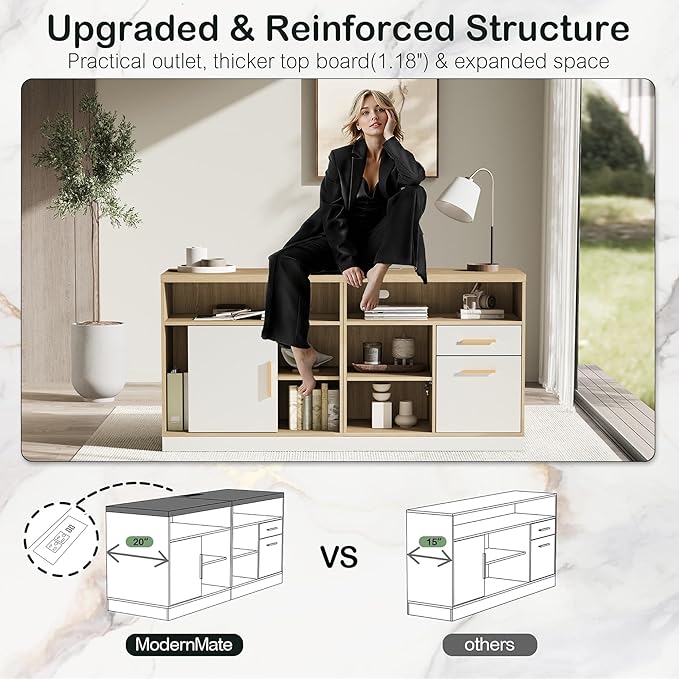 Home Office Furniture Set 114 Standing Desk with 2 File Cabinets AC/USB Extra Long Double Desk for 2 Person Electric Height Adjustable for Home and Office Light Walnut