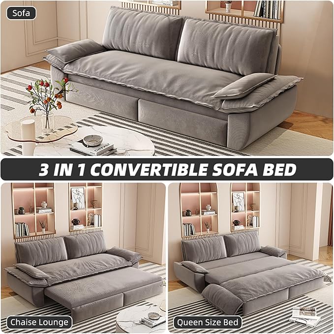 73.2‘’ Velvet Queen Size Pull Out Sofa Bed 3-in-1 Convertible Loveseat Sleeper Sofa with Armrest for Living Room Apartment Space Saving Gray