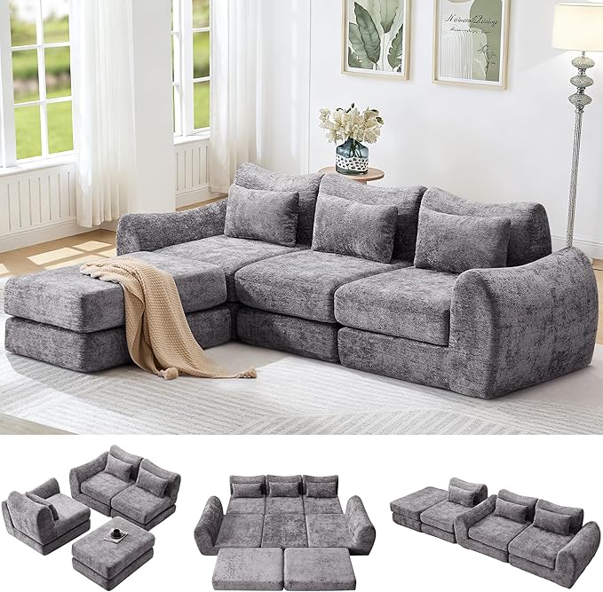 104.72 Multiple Modular Cloud Sofa Bed Sectional Boneless Couch with Chaise for Living Room/Bedroom Shennel Sofa No Assembly 8 Modules Combined Grey