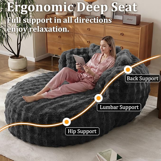 55 Oversized Chaise Lounge Indoor Round Reading Chair Lounge Chair with Ottoman Boneless Sofa Bed Large Fluffy Plush Faux Fur Chaise Chair for Living Room Playroom Bedroom Grey