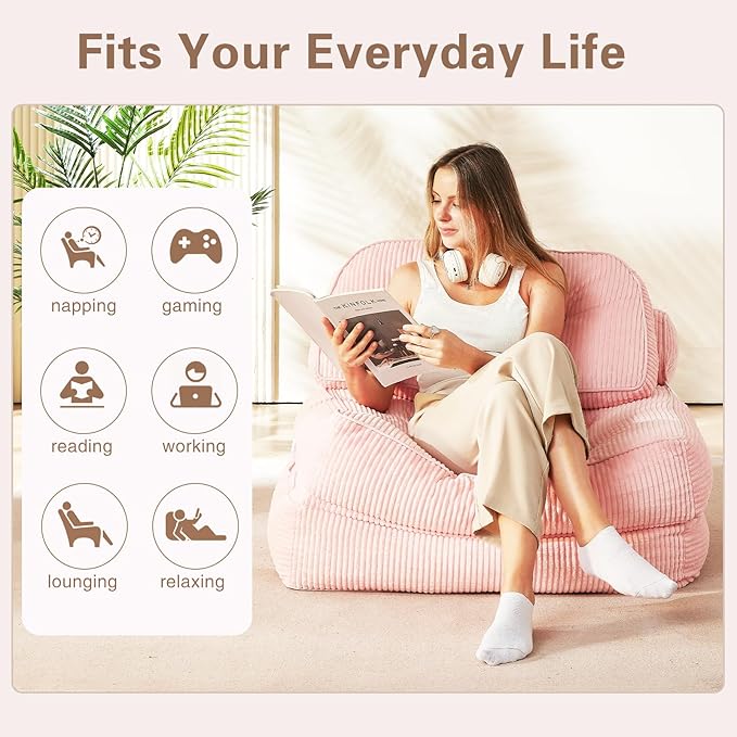Folding Sofa Bed Flannel Futon Couch Bed with Pillow and Blanket Convertible Sleeper Chair for Living Room Bedroom (Pink+Black)