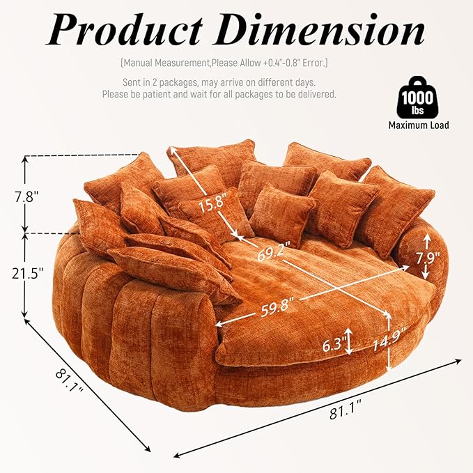 81'' Cloud Couches for Living Room Comfy Circle Round Couch Bed with 14 Pillows Upholstered Boneless Couch Oversized Chaise Lounge Chair Indoor Extra Wide Round Daybed Floor Sofa (Orange)