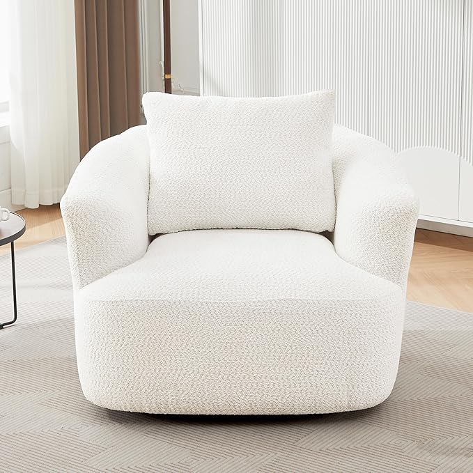 360° Swivel Chair 38.2 Accent Chair Sofa Chenille Upholstered Swivel Barrel Sofa Chair with a Throw Pillow for Living Room Bedroom Office and Hotel (Beige@52)