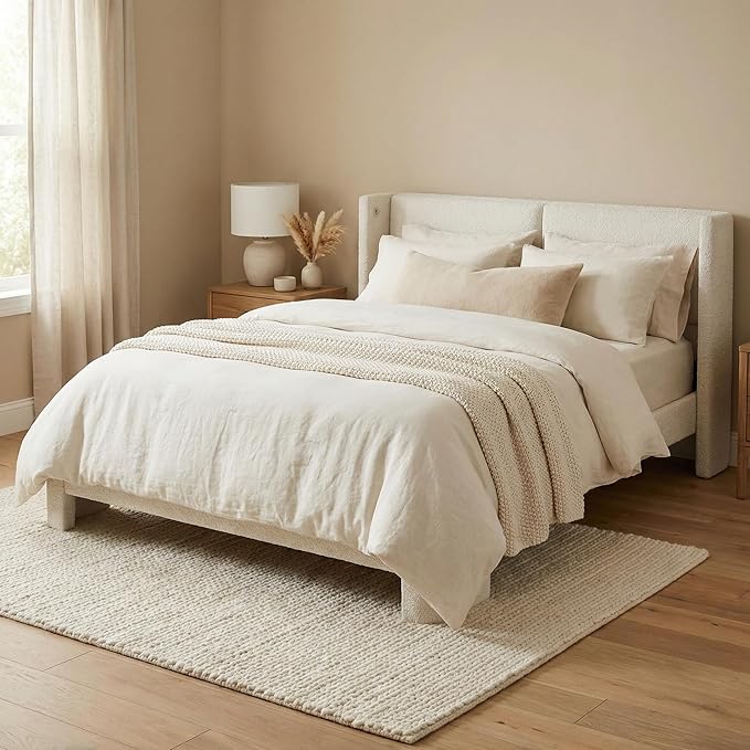 LIKIMIO Full Bed Frame with Headboard Upholstered Boucle Platform Bed with USB Ports Base Camas Full No Box Spring Needed Cream White