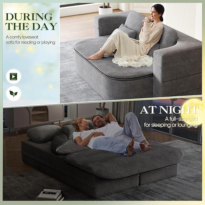 Antetek Convertible Sleeper Sofa Modern Folding Futon Corduroy Floor Foam Compression Loveseat Sofa Bed Couch Foldable Full Size Guest Bed with 4 Pillows for Living Room Bedroom Apartment Grey