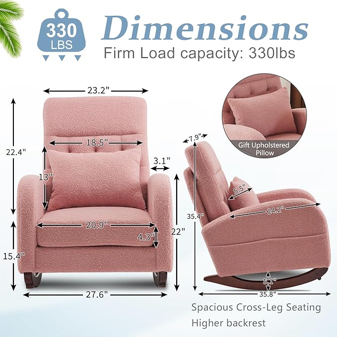 VINGLI Teddy Fleece Low Seat Rocking ChairBoucle Upholstered Nursery Glider Chair with Side PocketsAccent Arm Chair with High BackrestComfy Head RestSolid WoodFor Living Room Bedroom BalconyPink