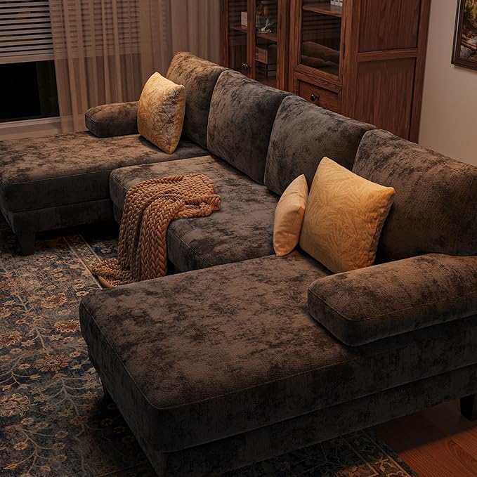 Sectional Couches for Living Room | 112 Inch U-Shaped Sectional Couch | 4 Seat Sofa Set with Double Chaise for Apartment | Dark Grey Chenille