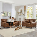 2 Piece Brown Leather Sofa Set with Storage Mid-Century Modern Tufted Retro Vintage Faux Leather Couch and Loveseat Living Room Sets Comfy Cloud Upholstered Furniture(Brown 2+3 Seater Couch Set)
