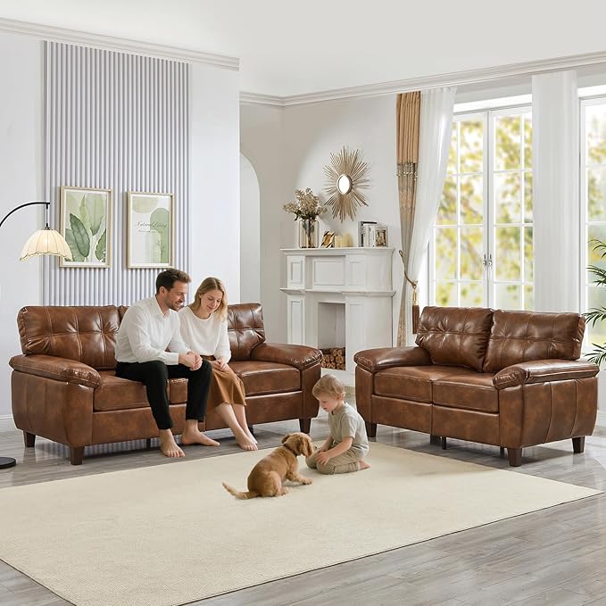 2 Piece Brown Leather Sofa Set with Storage Mid-Century Modern Tufted Retro Vintage Faux Leather Couch and Loveseat Living Room Sets Comfy Cloud Upholstered Furniture(Brown 2+3 Seater Couch Set)
