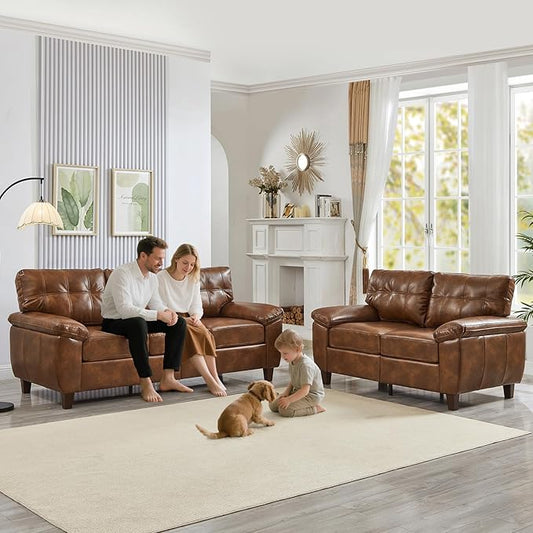 2 Piece Brown Leather Sofa Set with Storage Mid-Century Modern Tufted Retro Vintage Faux Leather Couch and Loveseat Living Room Sets Comfy Cloud Upholstered Furniture(Brown 2+3 Seater Couch Set)