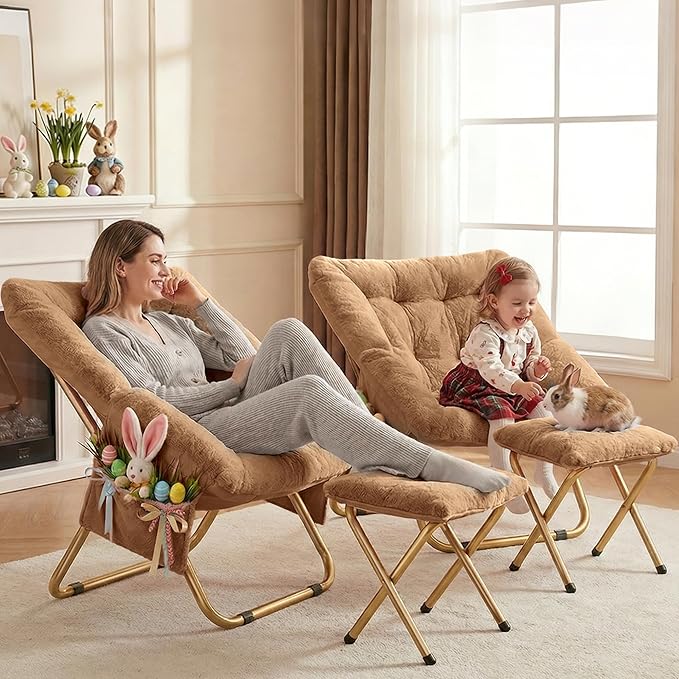 Comfy Saucer Chair Foldable Living Room Chairs Soft Faux Fur Lounge Chair for Bedroom Reading Chairs for Adults Teens X-Large (Brown)