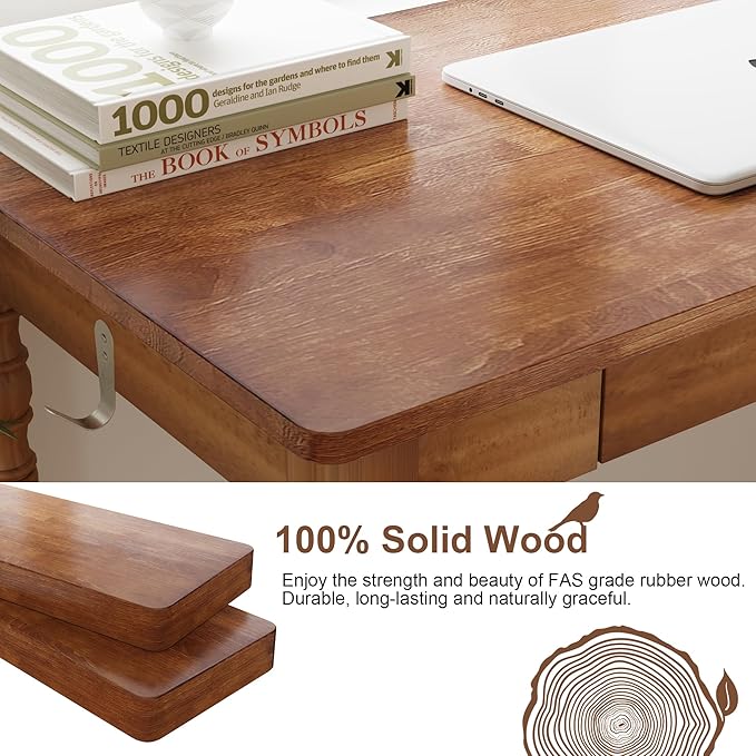 Vintage Solid Wood Writing Desk - 47.2 Mid Century Modern Desk with 2 Drawers Wooden Computer Desks for Home Office Large Secretary Desks Traditional Vanity Dressing Table for Bedroom Walnut