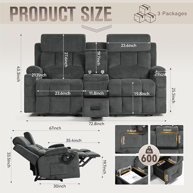 Oversized 72 Loveseat Recliner Sofa with Console Manual Double Reclining Sofa with USB Ports Cup Holders &amp 2 Phone Holders for Living Room Home Theater Game Room (Gray Velvet)