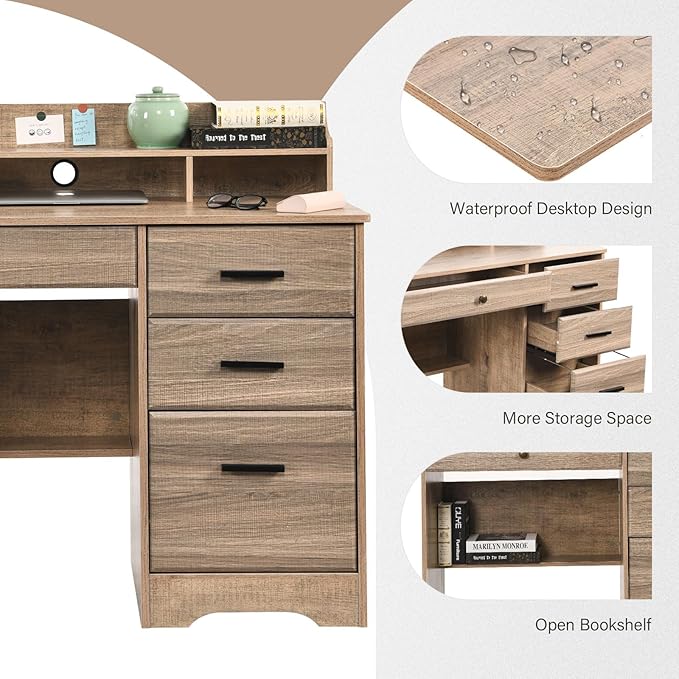 Catrimown Computer Desk with 4 Drawers and Hutch Wood Executive Desks with File Drawer and Shelves Small Desk Study Table for Bedroom Student Teen Writing Laptop Table Grey