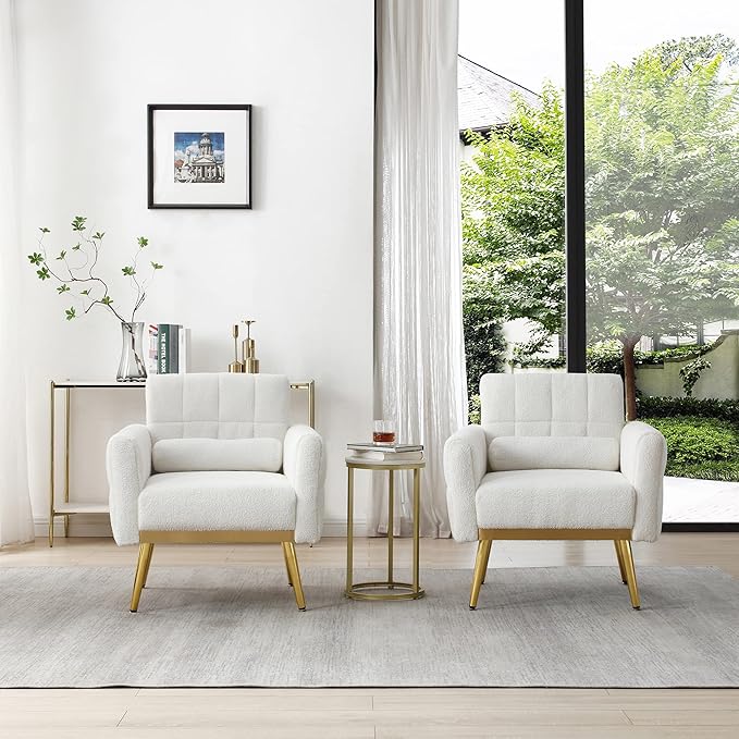Accent Chair Soft White Teddy Fabric Comfy Upholstered Arm Chair Fluffy Leisure Chair Armchair Living Room Chairs for Bedroom/Living Room Sofa Chair with 1 Waist Pillow