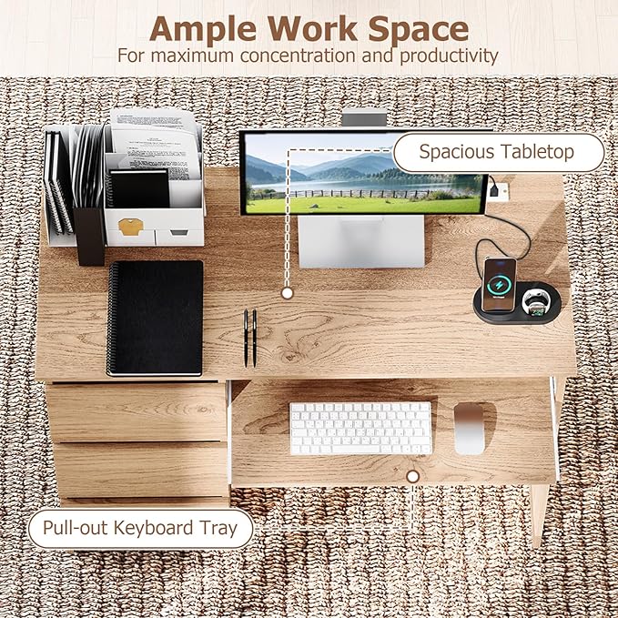 GOFLAME Computer Desk with 3 Drawers &amp Charging Station 42” Home Office Desk with Storage &amp Keyboard Tray Writing Desk PC Workstation Vanity Table (Natural)