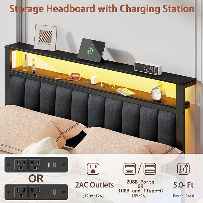 Furnulem Queen Bed Frame with Charging Station and LED Lights Grey Upholstered Headboard with Shelves Metal Platform Bed with 2 Under-Bed Storage (Fabric Drawer on Wheels) No Box Spring Needed