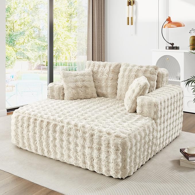 56 W Oversized Chaise Lounge Chair IndoorPlush Faux Fur Sleeper Couch Sofa Bed with PillowsFluffy Comfy Cloud SofaCompression Foam Boneless Couch for Living RoomBedroom(Bubble Beige)