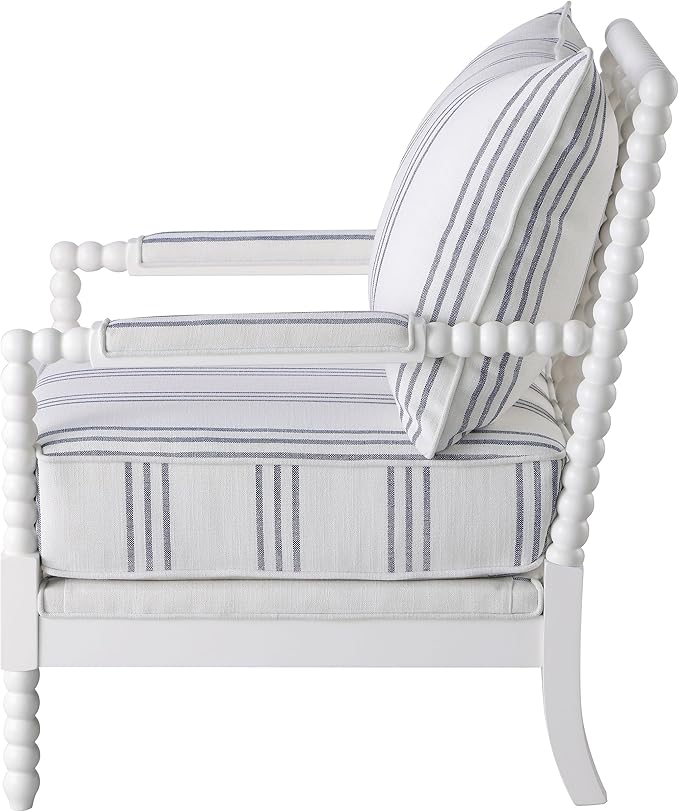 BOWERY HILL Fabric Upholstered Accent Chair 38 H x 29.5 W x 34 D Linen-Like White with Navy Stripes Spindle Frame Rubberwood Construction Padded Armrests Stationary Design for Living Room or