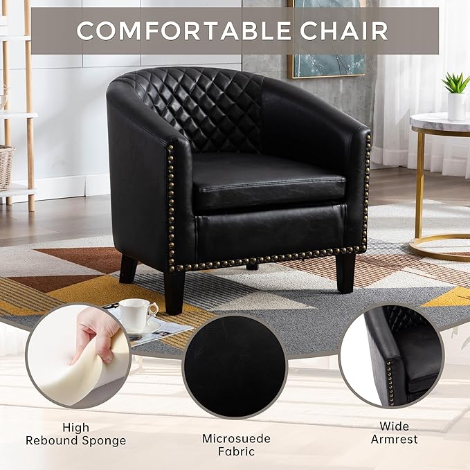 Artificial leather sofa chair barrel-shaped armchair side chair nail head decoration and diamond net backrest suitable for living room bedroom waiting room office and reading chair. (Black)