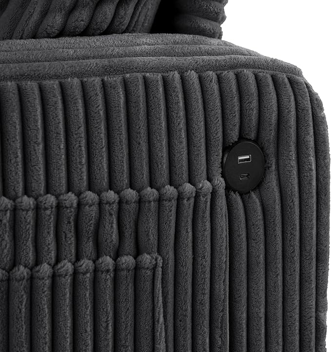 Homes: Inside + Out Reese Modern Plush Chenille Couch with Side Pockets Cup Holders and USB Ports Wooden Comfortable Sofa for Living Room Bedroom and Office Dark Grey