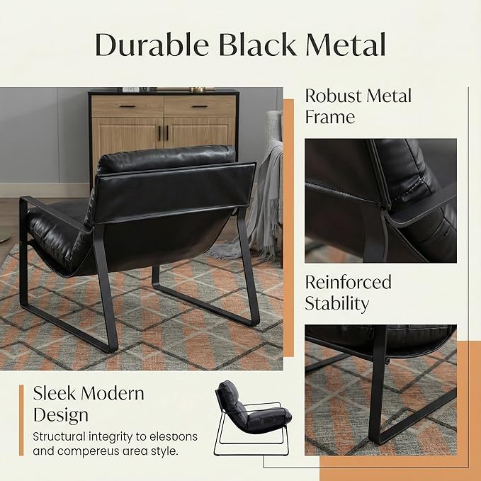 DUOMAY Mid-Century Accent Chair Armchair Set of 2 Comfy PU Leather Leisure Chair Lazy Chair with Metal Leg for Living Room Bedroom Office Apartment Black