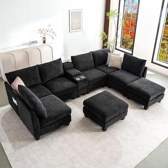 136.4 Modular Sectional Sofa U-Shaped 8 Seater Sectional Sofa with Storage Ottoman Linen L-Shaped Couch Large Cloud Couch with Cup Holders &amp USB for Living Room（Black
