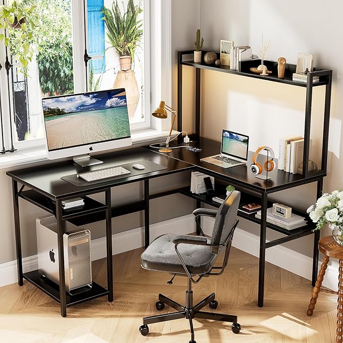 L Shaped Computer Desk with Hutch and Storage Shelves Gaming Desk with LED Lights Reversible L-Shaped Desk with Power Outlets Home Office Desk Corner Desk Black