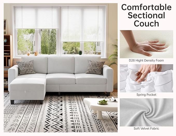 Sectional Sofas Couches for Living Room 3 Seater L Shaped Couch with Storage Ottoman 78 Modern Velvet Fabric Cream White Sofa for Apartment Studio Office Small Space