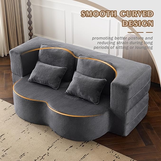 78 Plush Fabric Folding Floor Sofa Couch BedConvertible Folding Sofa Bed Full Size Love Seat Sleeper Bed with 4 Pillows for Living Room Apartment Office (Plush Fabric+Gray)