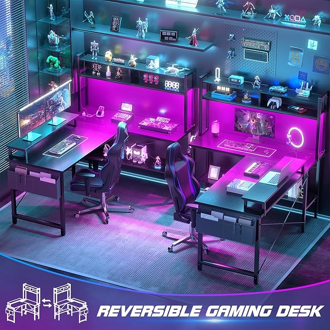 Aheaplus L Shaped Gaming Desk with Power Outlets &amp LED Lights Small L- Shaped Desk Computer Corner Desk with Monitor Stand &amp Storage Shelf Home Office Desk Writing Desk with Storage Bag Bla