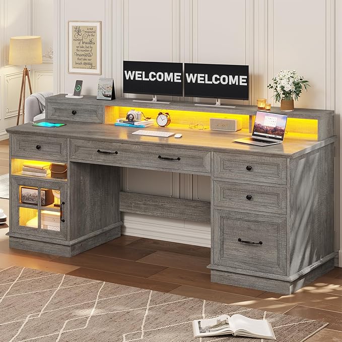 BTHFST Farmhouse Executive Desk with File Drawer Computer Desk with Charging Station &amp LED Lights Home Office Desk with Drawers &amp Storage Cabinet Executive Office Desk with Monitor Stand G