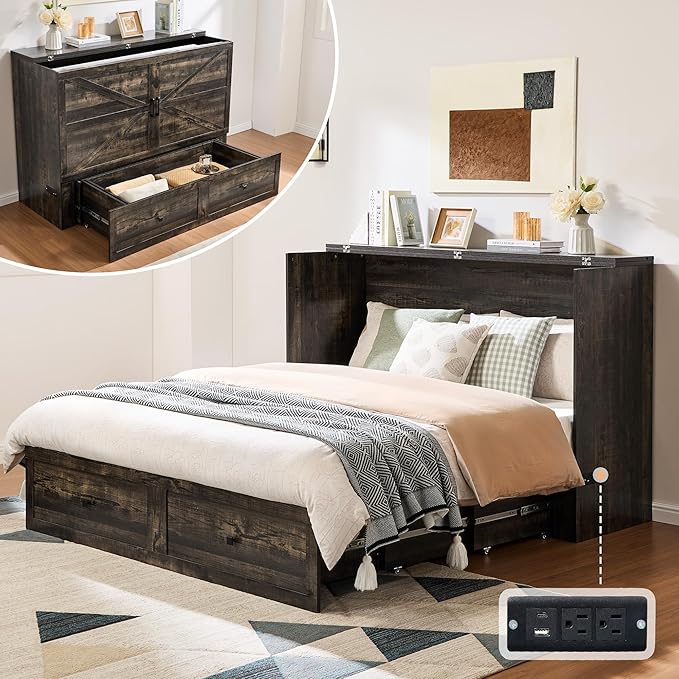 AMERLIFE Full Murphy Bed Cabinet with Charging Station and Storage Farmhouse Foldable Platform Bed for Guest Room Office Small Spaces Black Oak