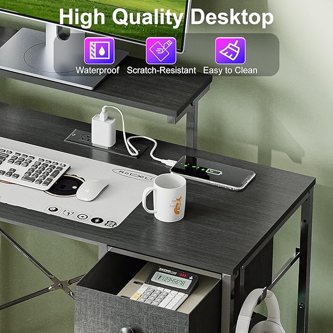 X-cosrack 33.5 Small Gaming Desk with LED Lights &amp Power Outlets Compact Computer Desk with Monitor Stand &amp CPU Stand Gamer Table with Storage Drawer Side Hooks for Home Office Bedroom B