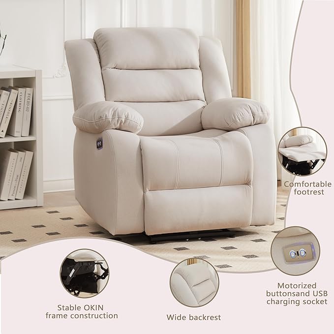 Power Recliner Chair Recliner for Adults Upholstered Soft Fabric Reclining Sofa Chair for Living Room(Beige)